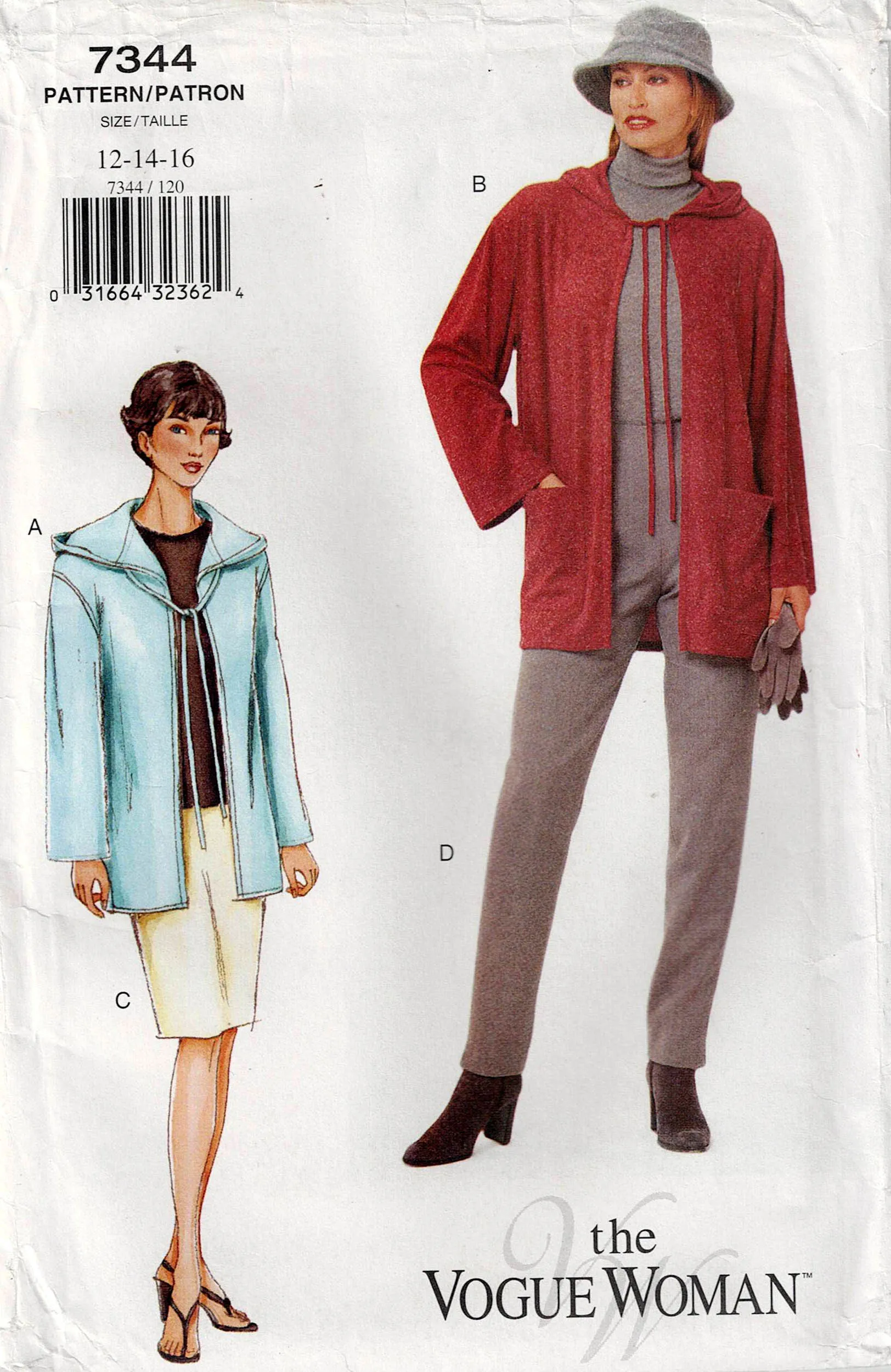 Vogue Woman 7344 Womens Hoodie Jacket Pants & Skirt Out Of Print Sewing Pattern Size 12 - 16 UNCUT Factory Folded