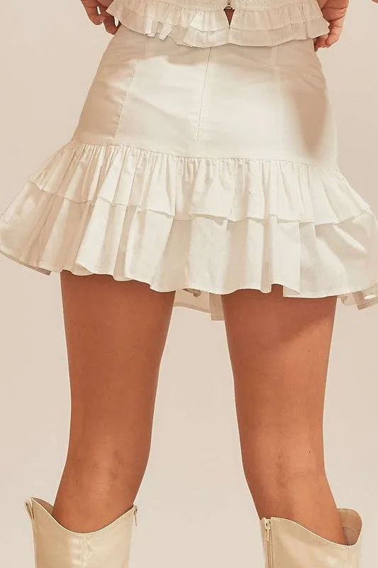 White Back Zipper Tiered Ruffle Solid Mini Skirt