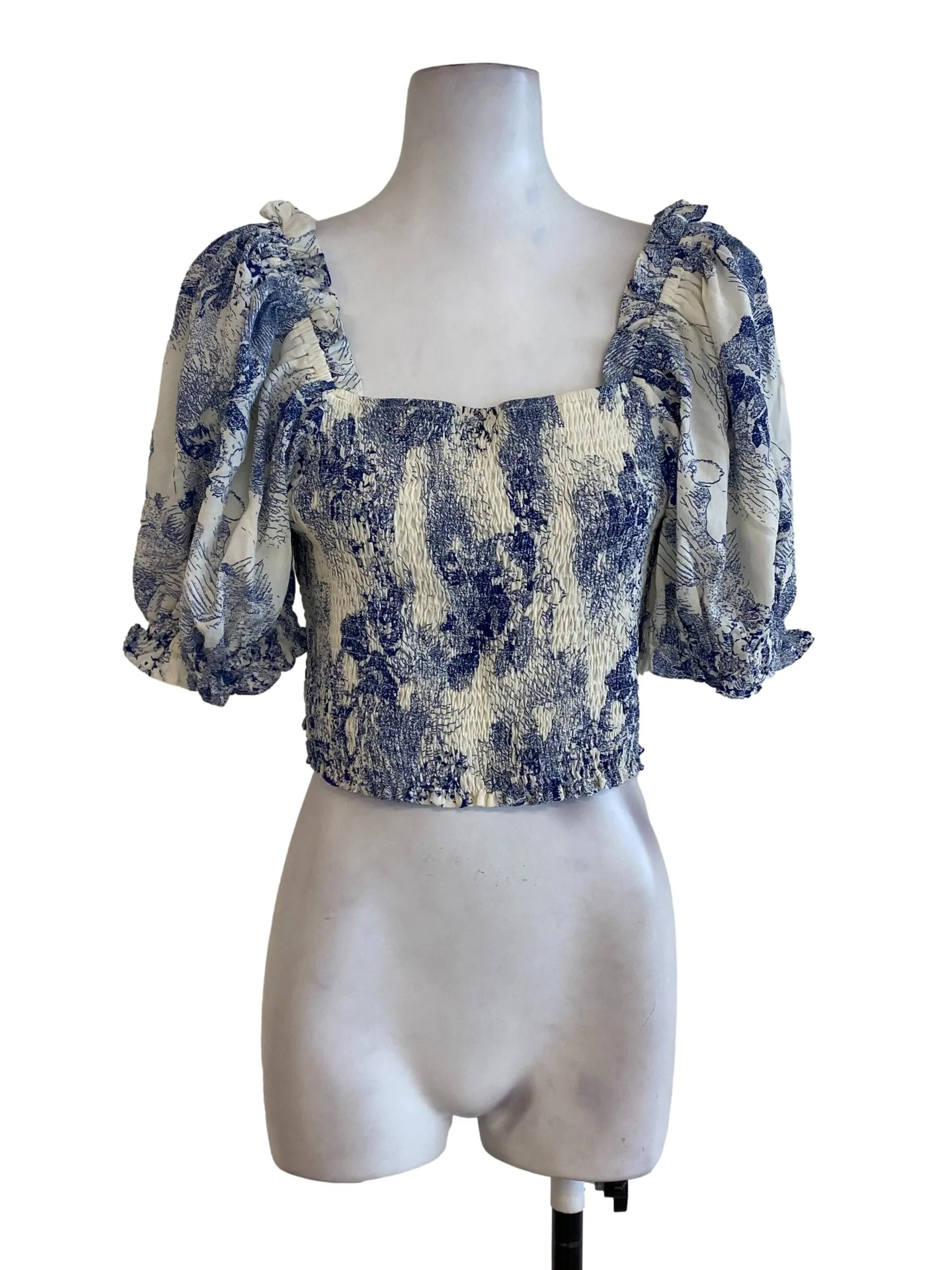 White Blue Printed Top