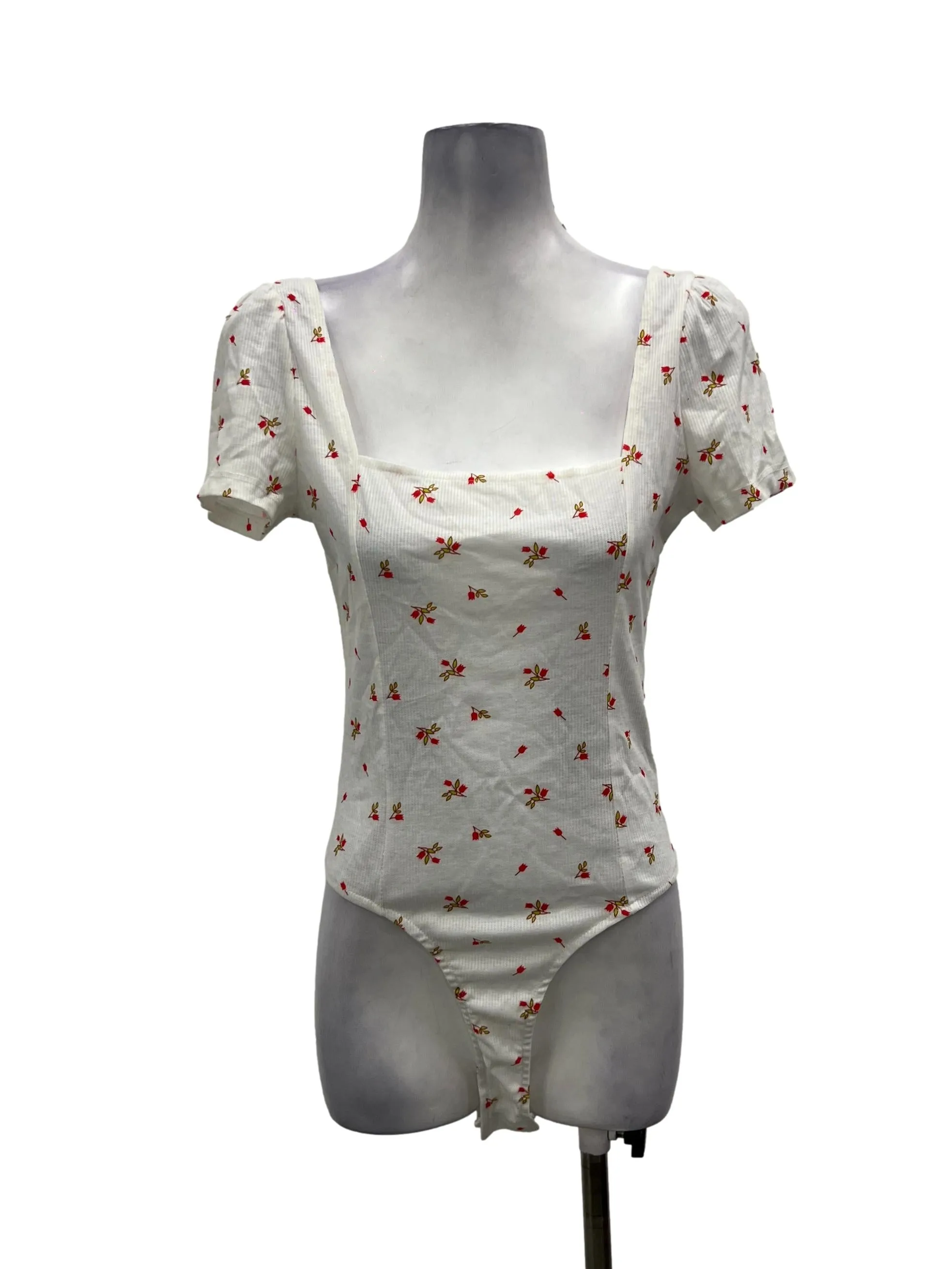 White Floral Printed Sqaure Neck Bodysuit