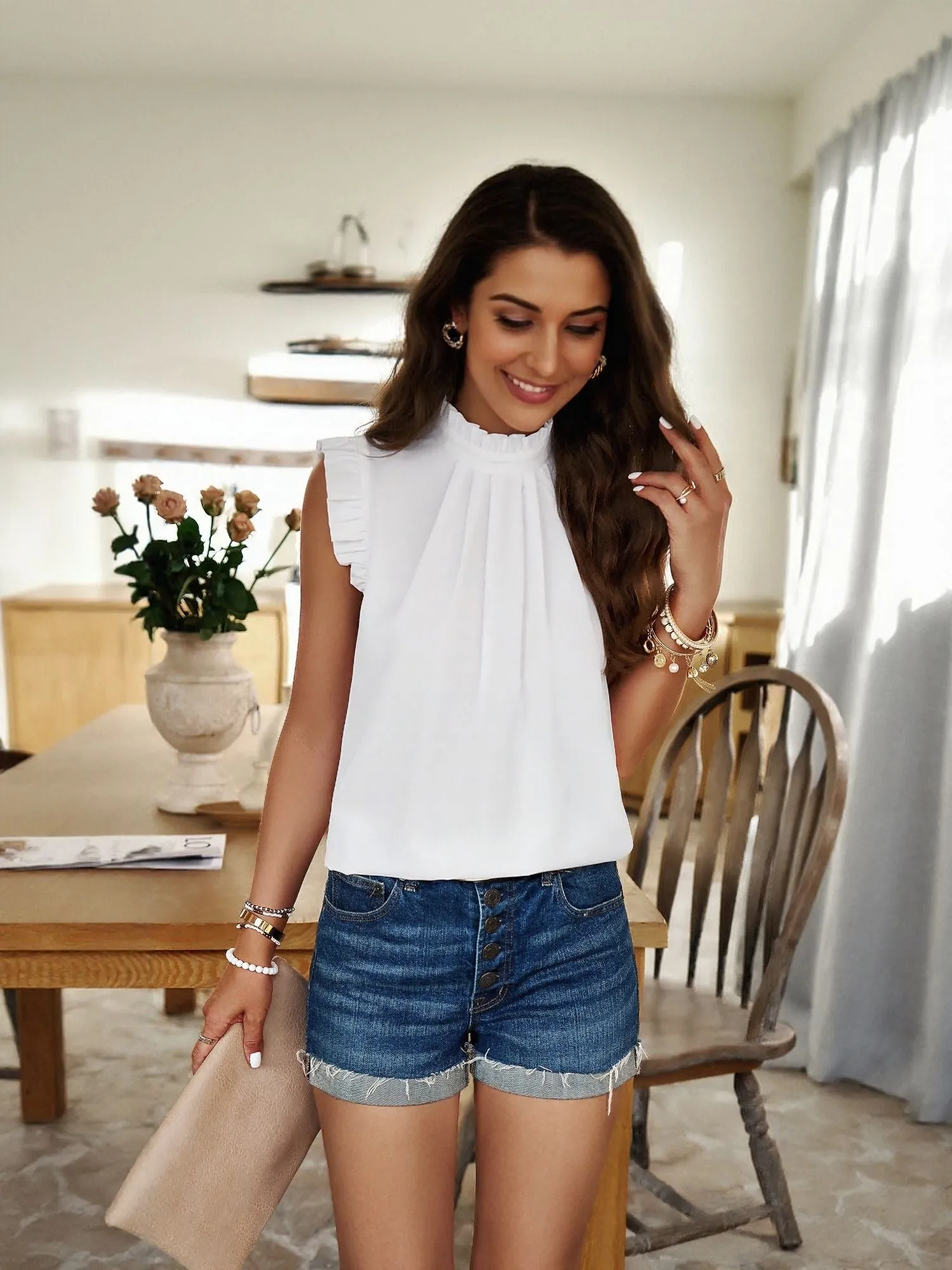 White High Neck Top With Ruffle Detail