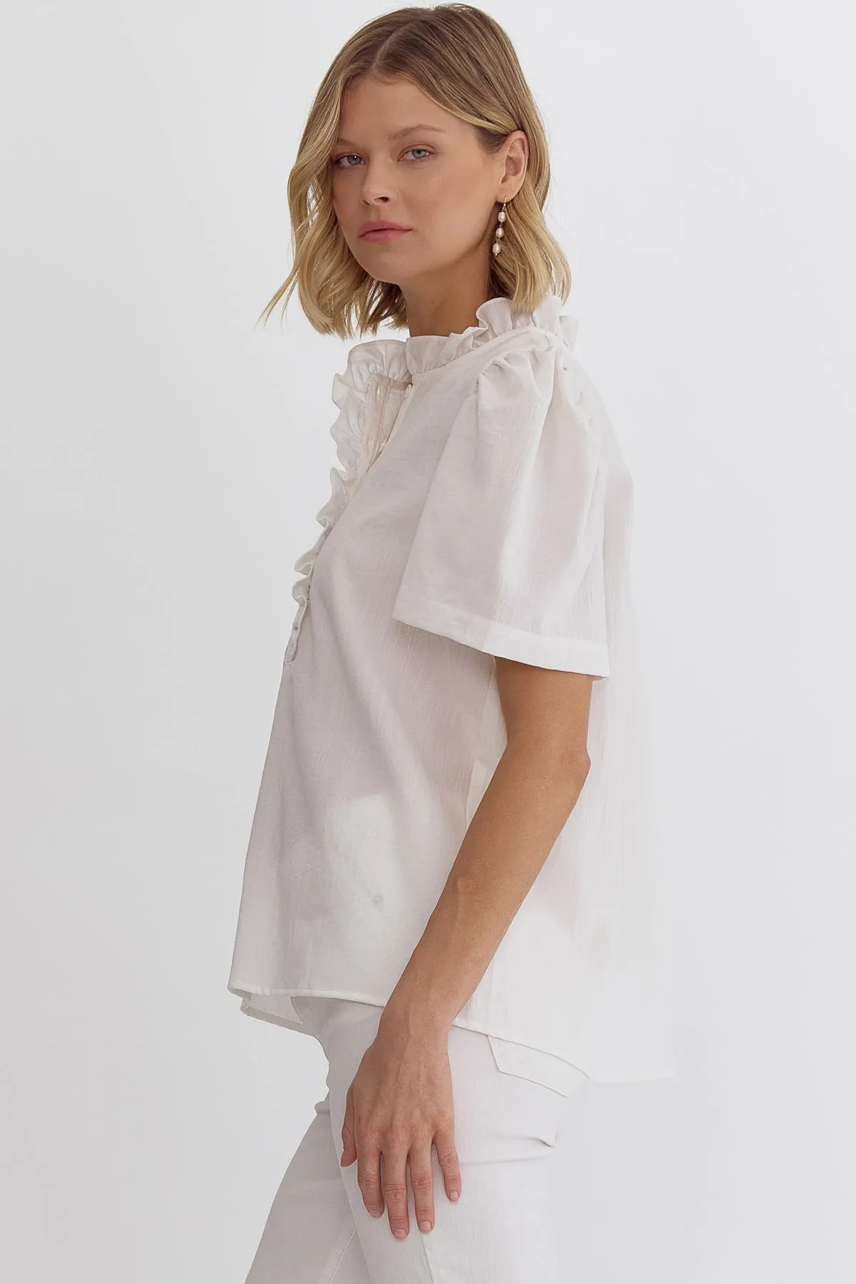 White Puff Sleeve Ruffle Blouse