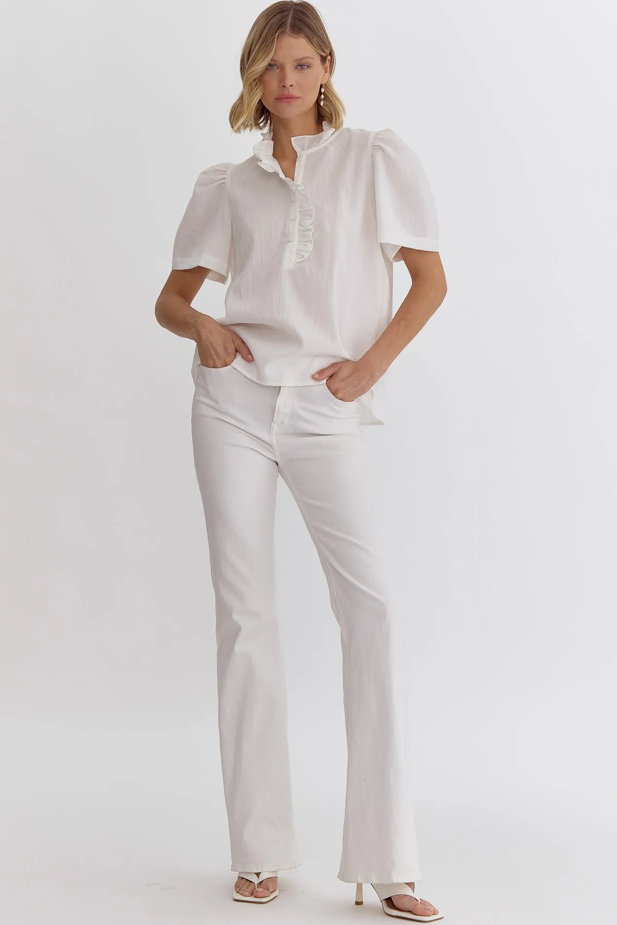White Puff Sleeve Ruffle Blouse