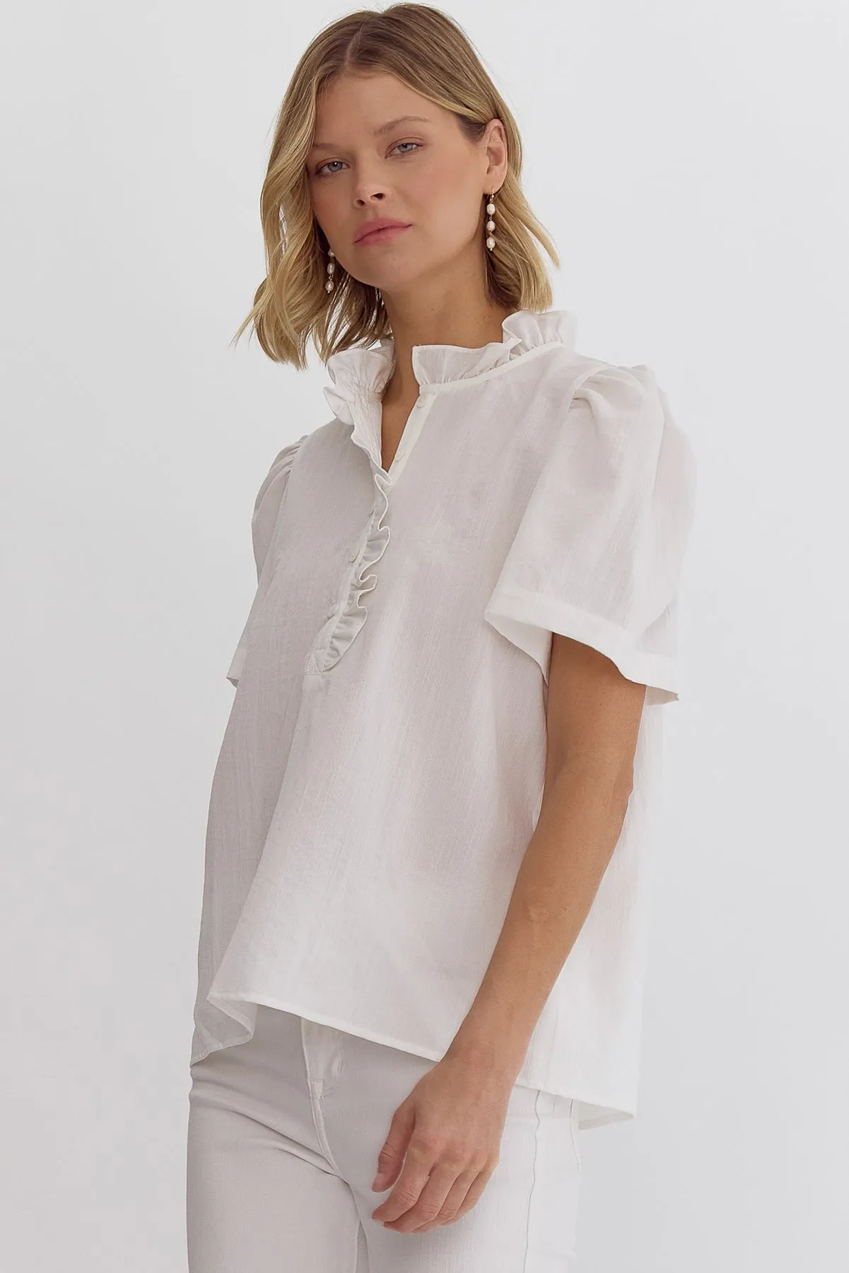 White Puff Sleeve Ruffle Blouse
