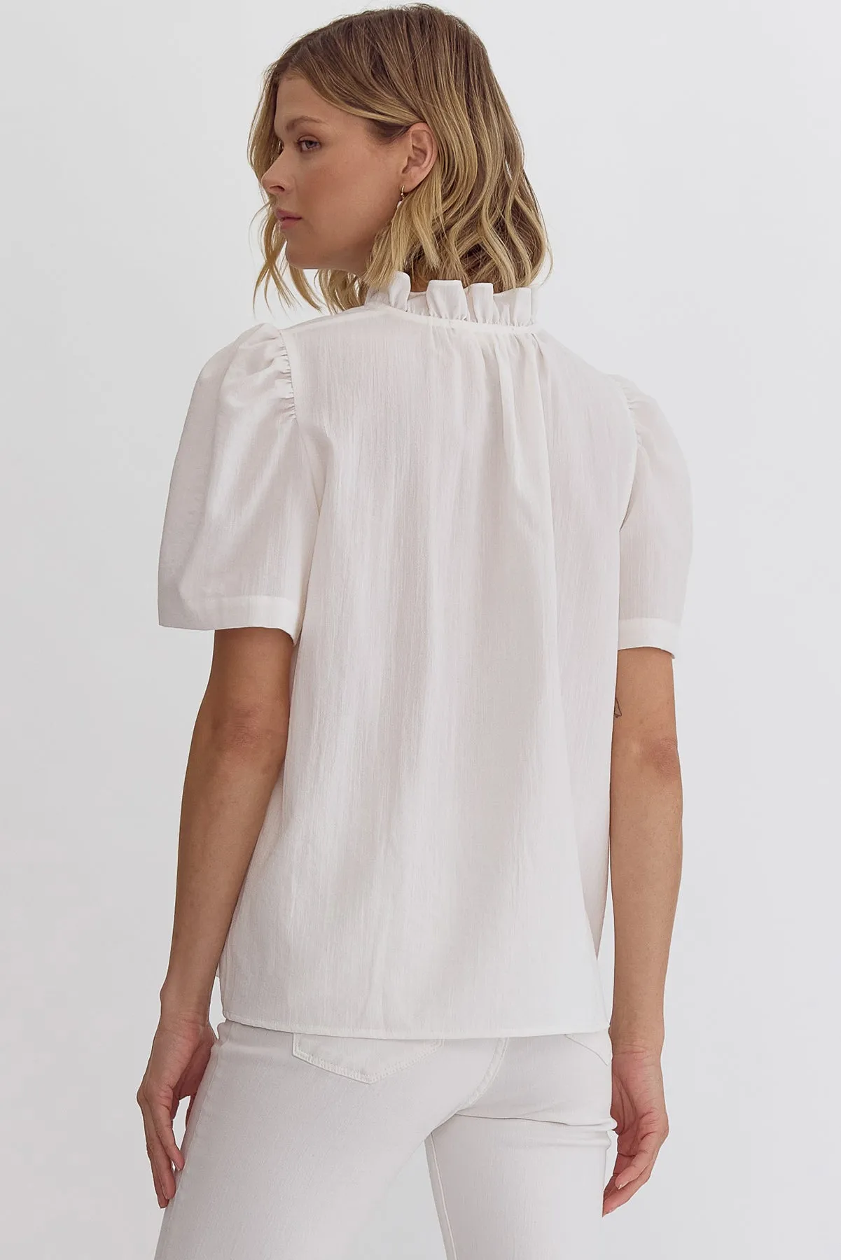 White Puff Sleeve Ruffle Blouse