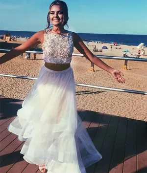 White two pieces sequin tulle prom dress, white evening dress