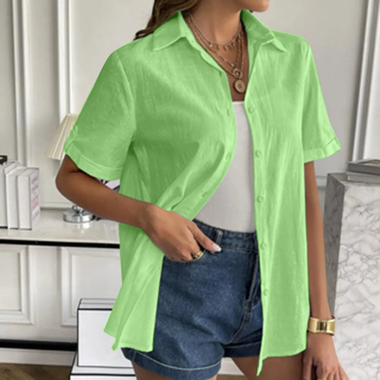 Women Button Down Cotton Shirt Rolled Cuffed Short Sleeve Blouses Summer Casual V Neck Beach Shirts Ladies Solid Color Tops