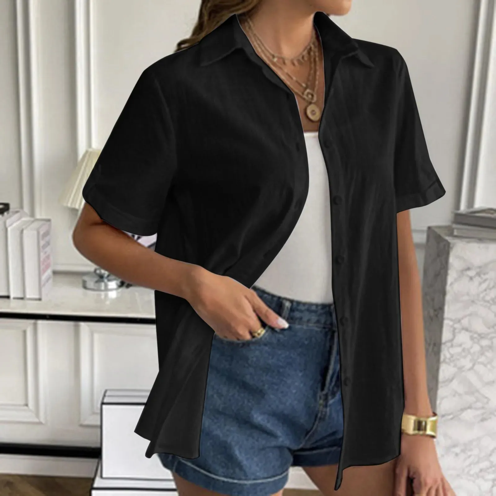 Women Button Down Cotton Shirt Rolled Cuffed Short Sleeve Blouses Summer Casual V Neck Beach Shirts Ladies Solid Color Tops