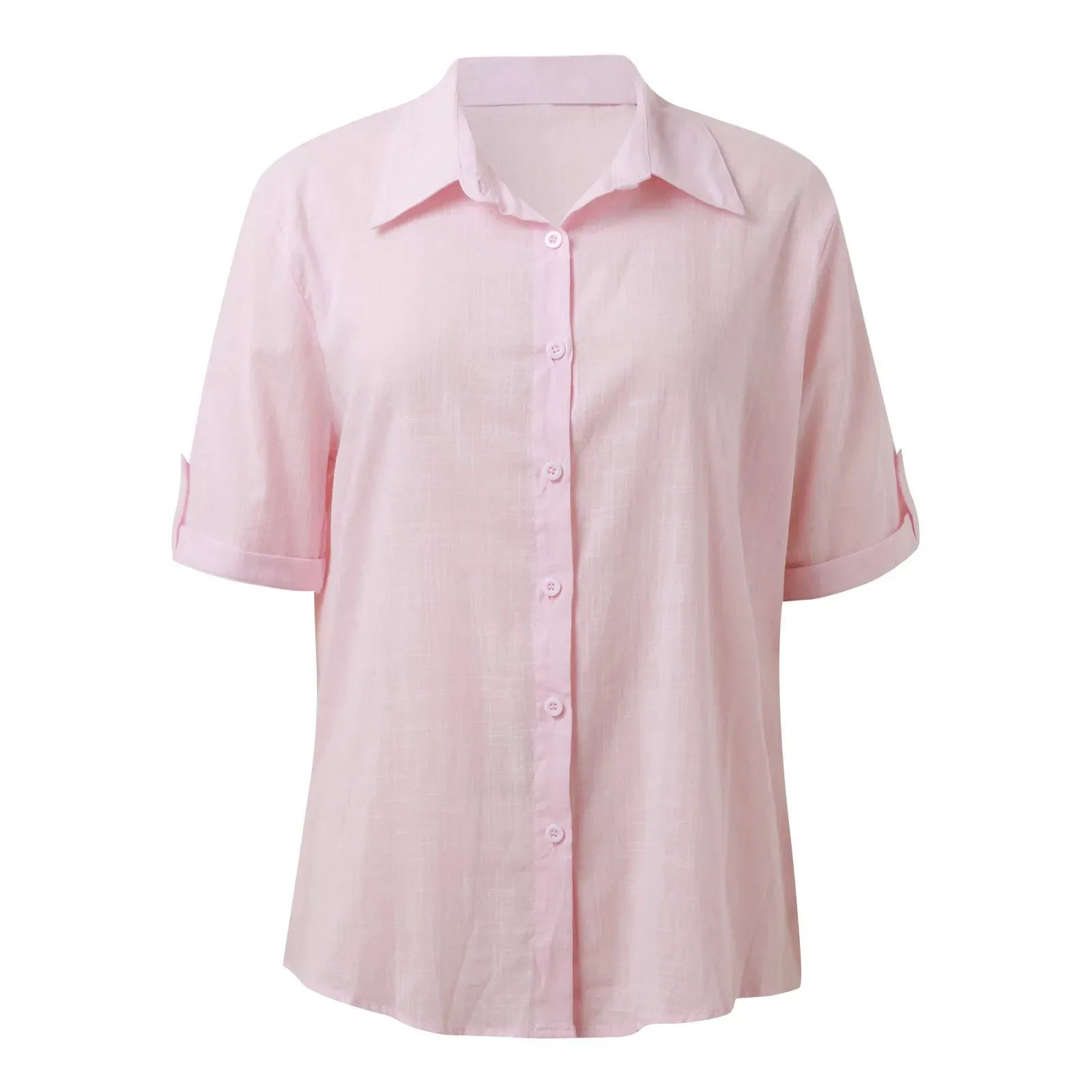Women Button Down Cotton Shirt Rolled Cuffed Short Sleeve Blouses Summer Casual V Neck Beach Shirts Ladies Solid Color Tops
