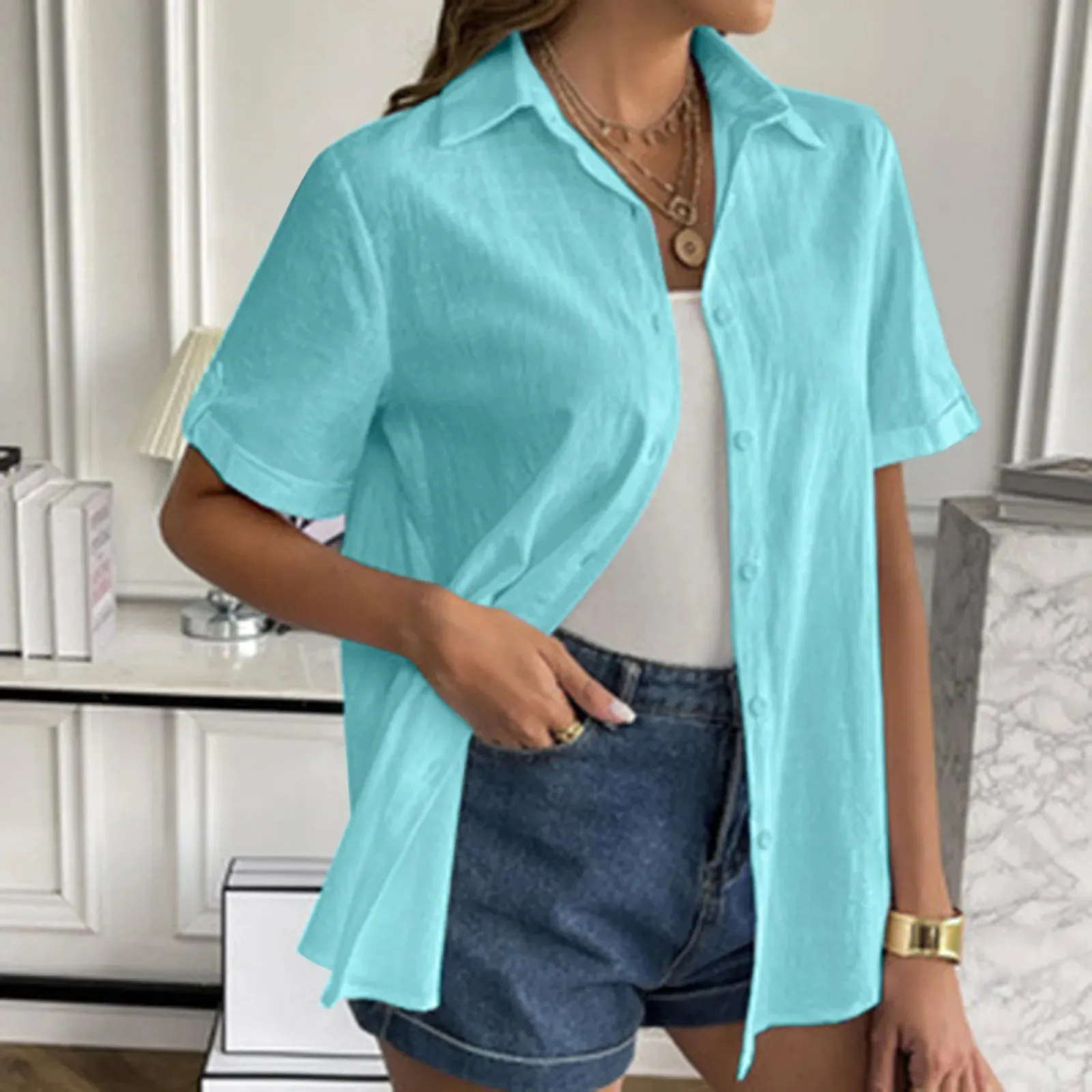 Women Button Down Cotton Shirt Rolled Cuffed Short Sleeve Blouses Summer Casual V Neck Beach Shirts Ladies Solid Color Tops