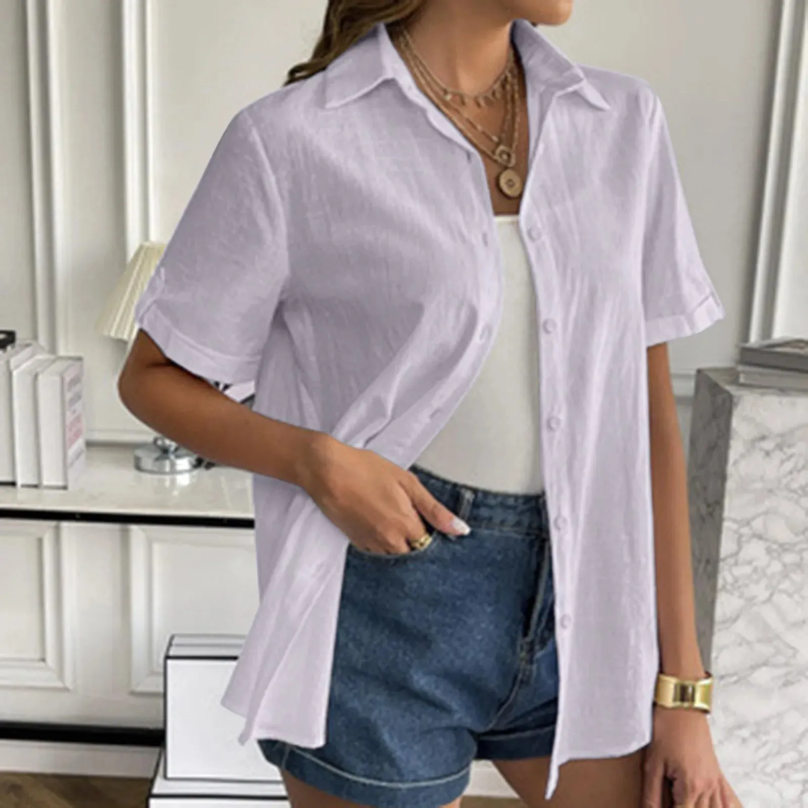 Women Button Down Cotton Shirt Rolled Cuffed Short Sleeve Blouses Summer Casual V Neck Beach Shirts Ladies Solid Color Tops