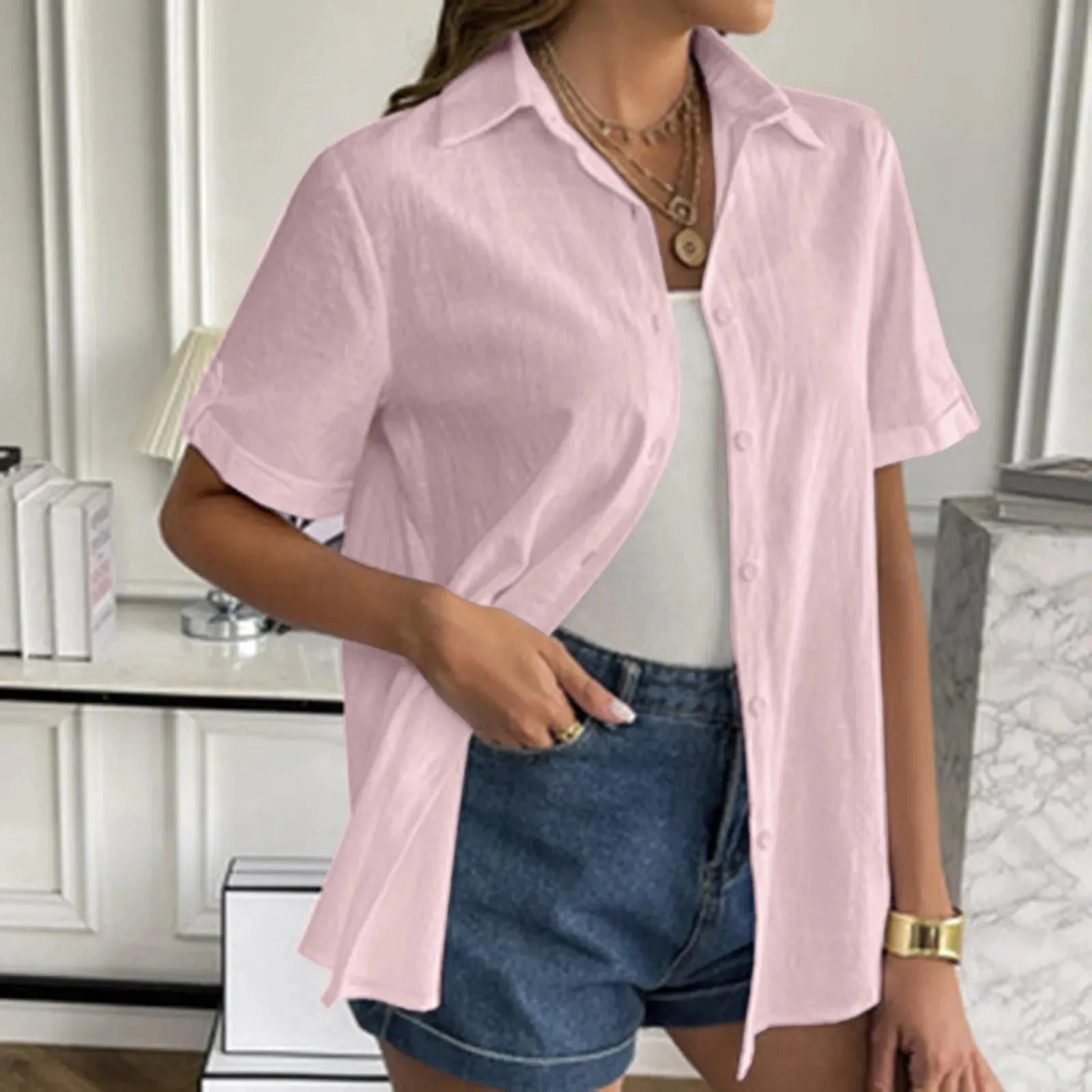 Women Button Down Cotton Shirt Rolled Cuffed Short Sleeve Blouses Summer Casual V Neck Beach Shirts Ladies Solid Color Tops