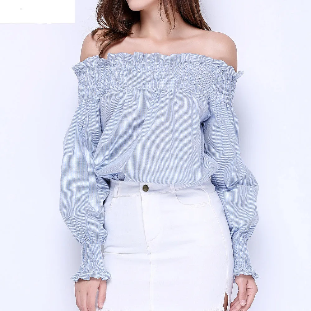 Women Girls Fashion Cotton Blue White Striped Tops Off the Shoulder Long Sleeve Shirts Loose Elastic Ruffle Blouses