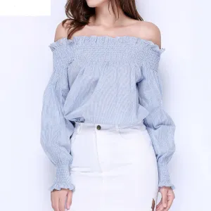 Women Girls Fashion Cotton Blue White Striped Tops Off the Shoulder Long Sleeve Shirts Loose Elastic Ruffle Blouses