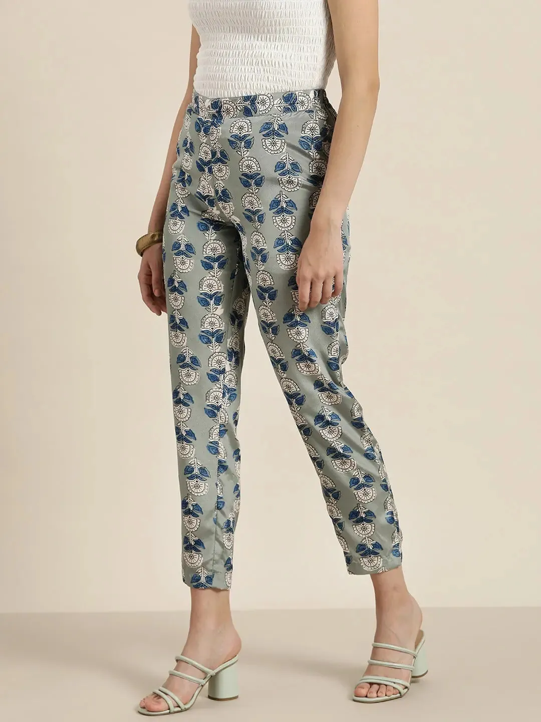 Women Grey Floral Pencil Pants