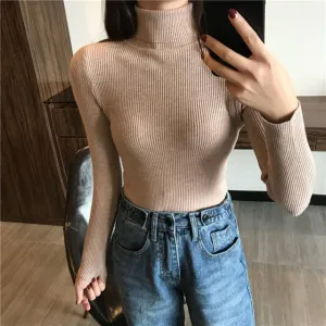 Women Knitted Ribbed Pullover Sweater