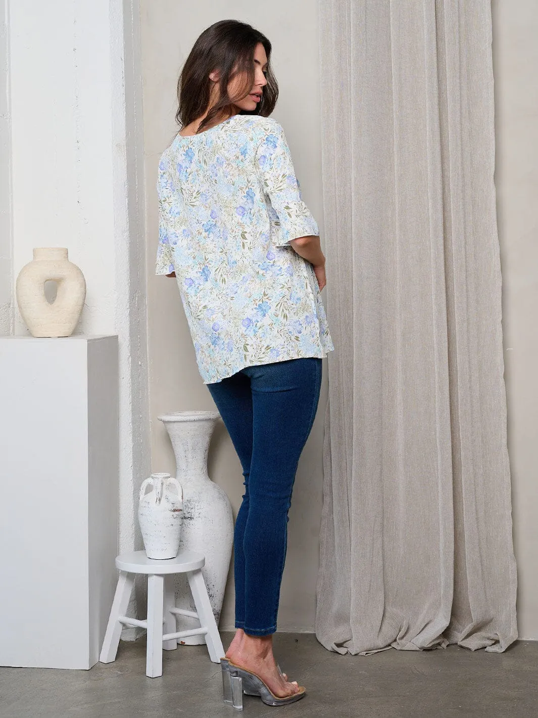 WOMEN'S 3/4 RUFFLE SLEEVE FLORAL TUNIC TOP