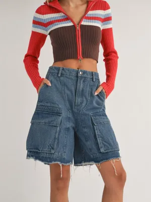 WOMEN'S BUTTON CLOSURE CARGO POCKETS DENIM SHORTS