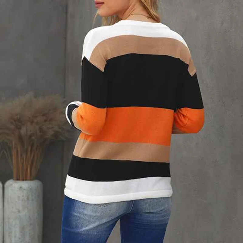 Women's Leopard Print Color Block Tunic Round Neck Long Sleeve Shirts Striped Causal Blouses Tops K200