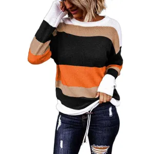 Women's Leopard Print Color Block Tunic Round Neck Long Sleeve Shirts Striped Causal Blouses Tops K200