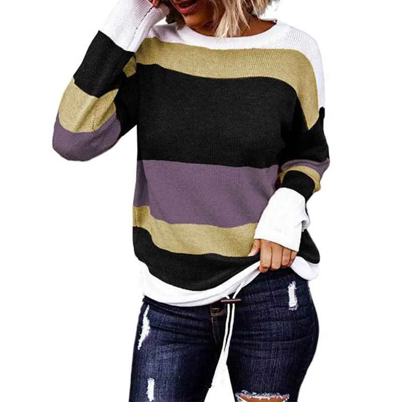Women's Leopard Print Color Block Tunic Round Neck Long Sleeve Shirts Striped Causal Blouses Tops K200