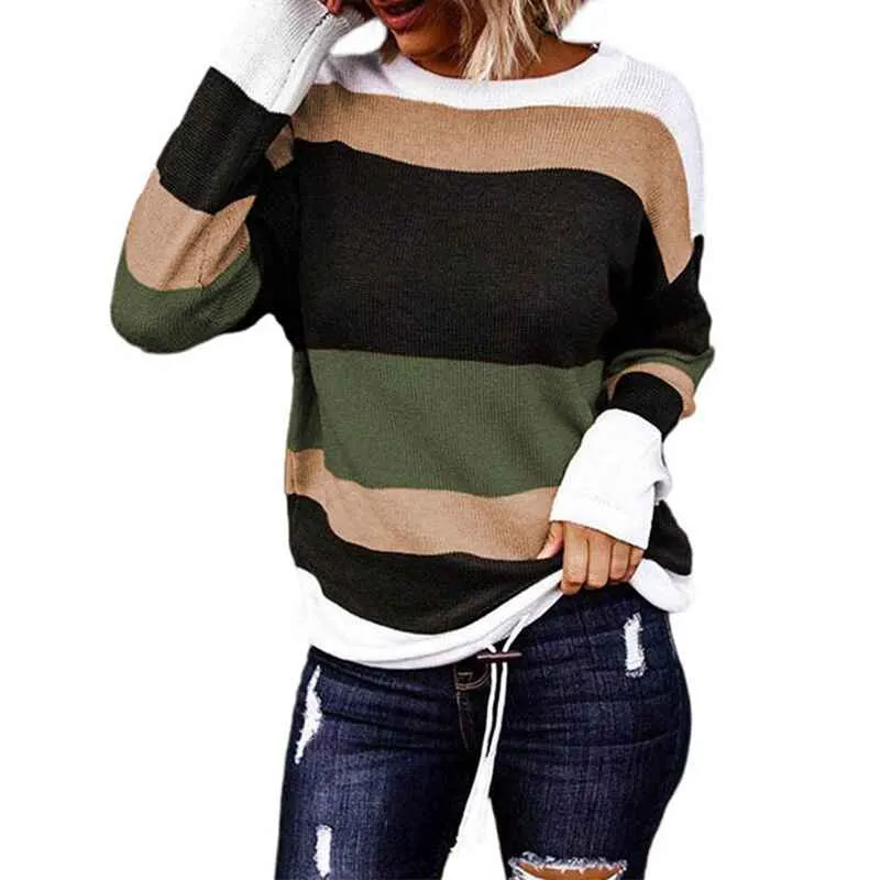 Women's Leopard Print Color Block Tunic Round Neck Long Sleeve Shirts Striped Causal Blouses Tops K200