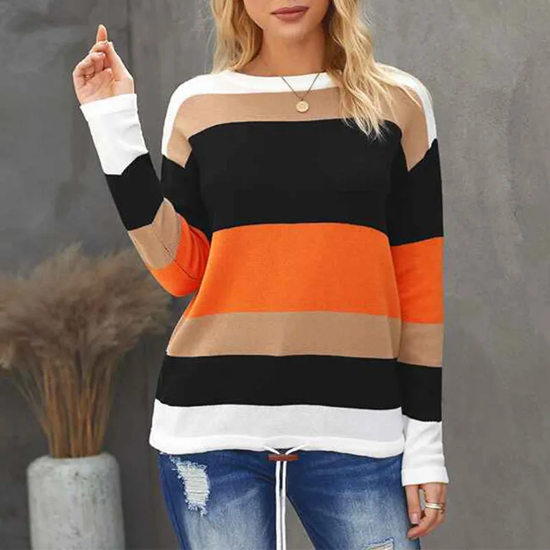 Women's Leopard Print Color Block Tunic Round Neck Long Sleeve Shirts Striped Causal Blouses Tops K200