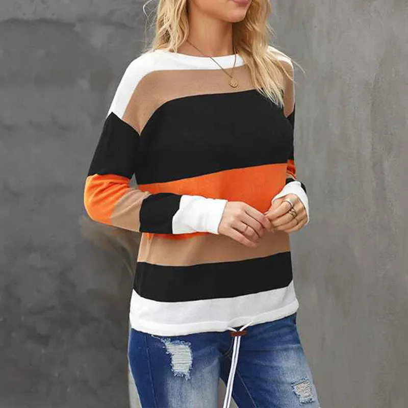 Women's Leopard Print Color Block Tunic Round Neck Long Sleeve Shirts Striped Causal Blouses Tops K200