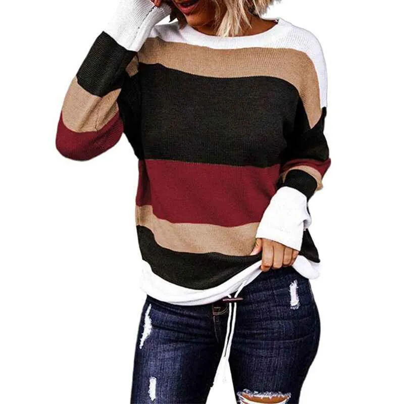 Women's Leopard Print Color Block Tunic Round Neck Long Sleeve Shirts Striped Causal Blouses Tops K200
