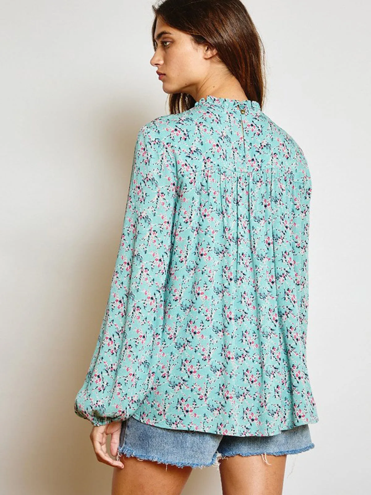 WOMEN'S LONG PUFF SLEEVE BABYDOLL FLORAL TUNIC TOP