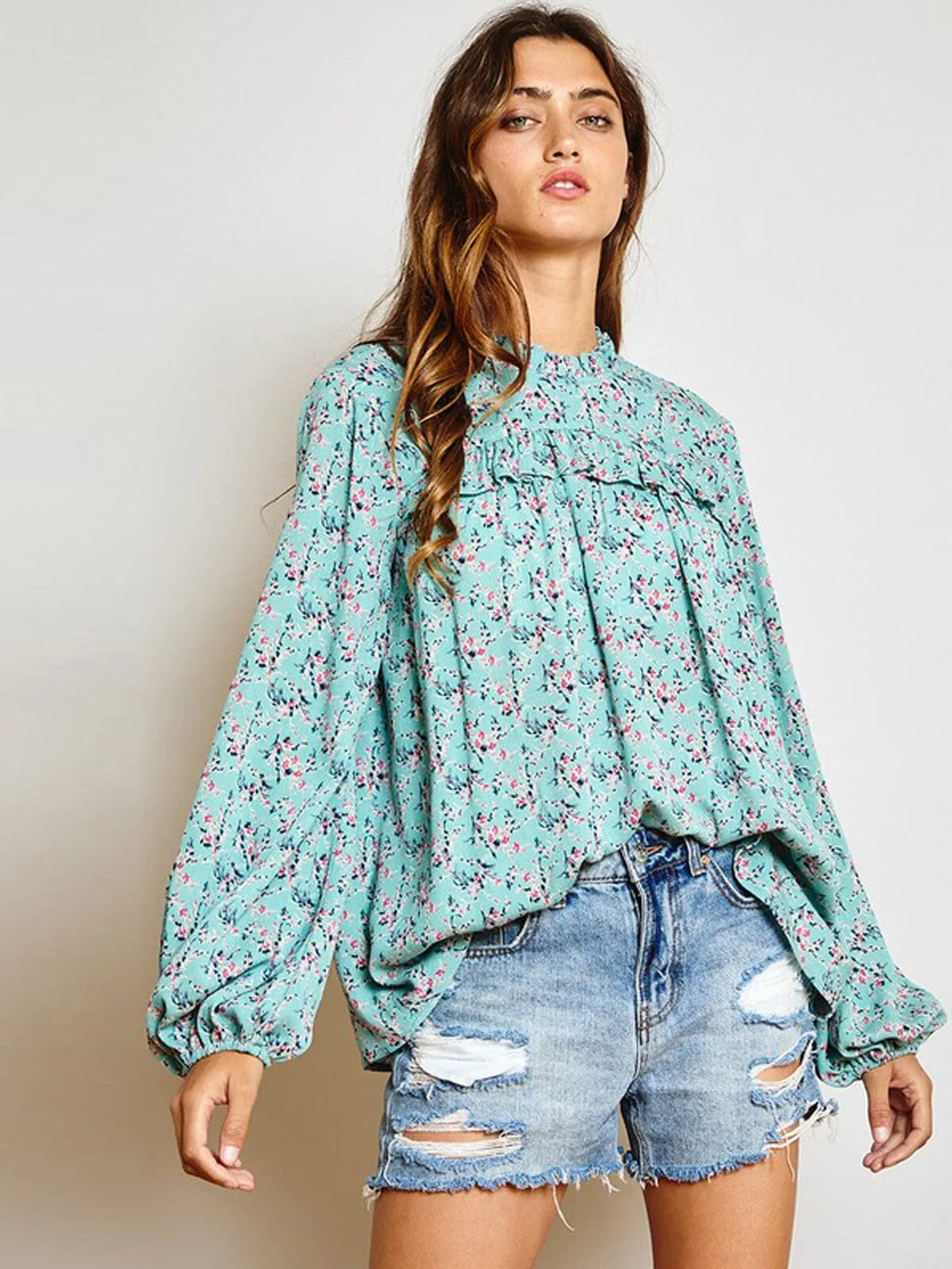 WOMEN'S LONG PUFF SLEEVE BABYDOLL FLORAL TUNIC TOP