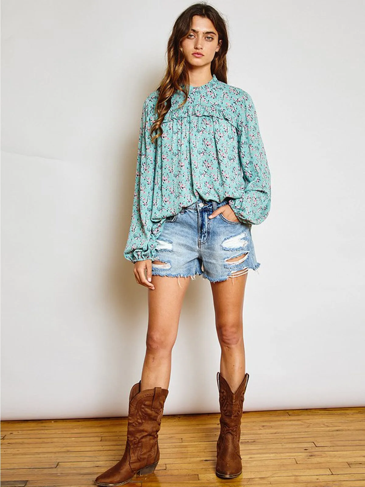 WOMEN'S LONG PUFF SLEEVE BABYDOLL FLORAL TUNIC TOP