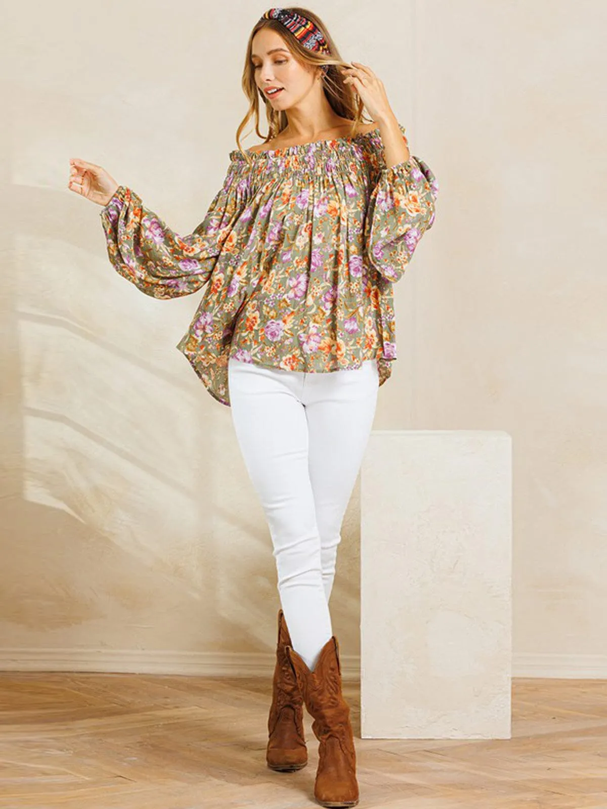 WOMEN'S LONG SLEEVE OFF SHOULDER SMOCK FLORAL TUNIC TOP