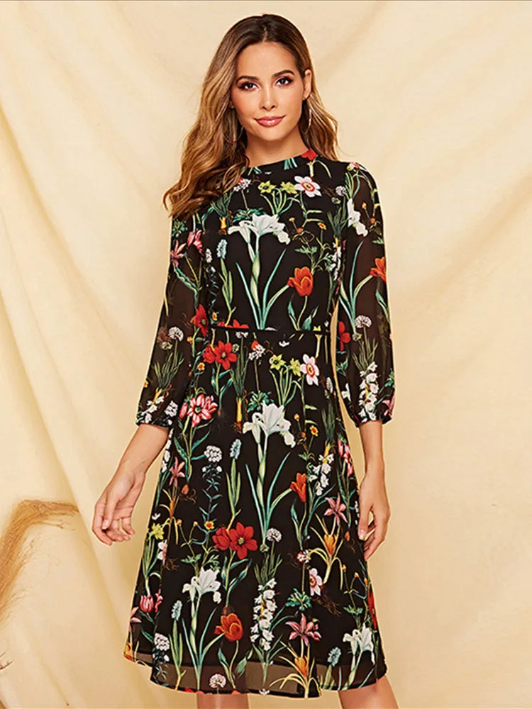 Women's Long-sleeved Dress Autumn and Winter Floral Round Neck Tie Slim A-line Skirt