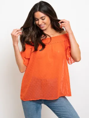 WOMEN'S OFF SHOULDER RUFFLE SWISS DOTS TOP