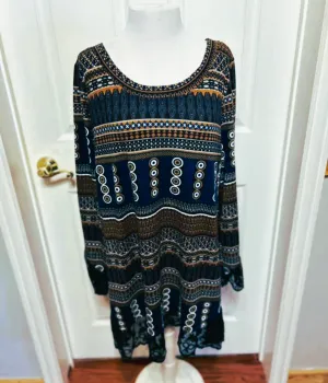 Women's Reborn Blue Brown Print Asymmetrical Hem Dress - Size 1XL