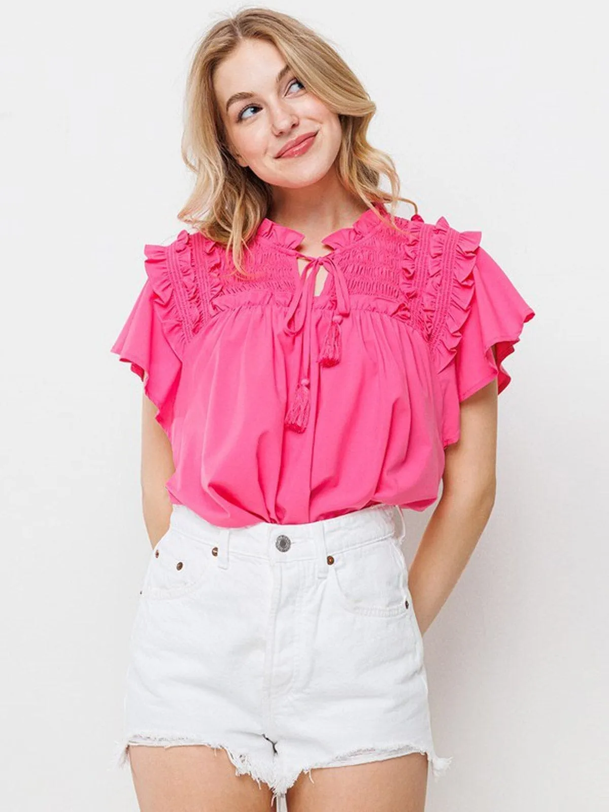WOMEN'S RUFFLE SHORT SLEEVE DETAILED TUNIC BLOUSE TOP