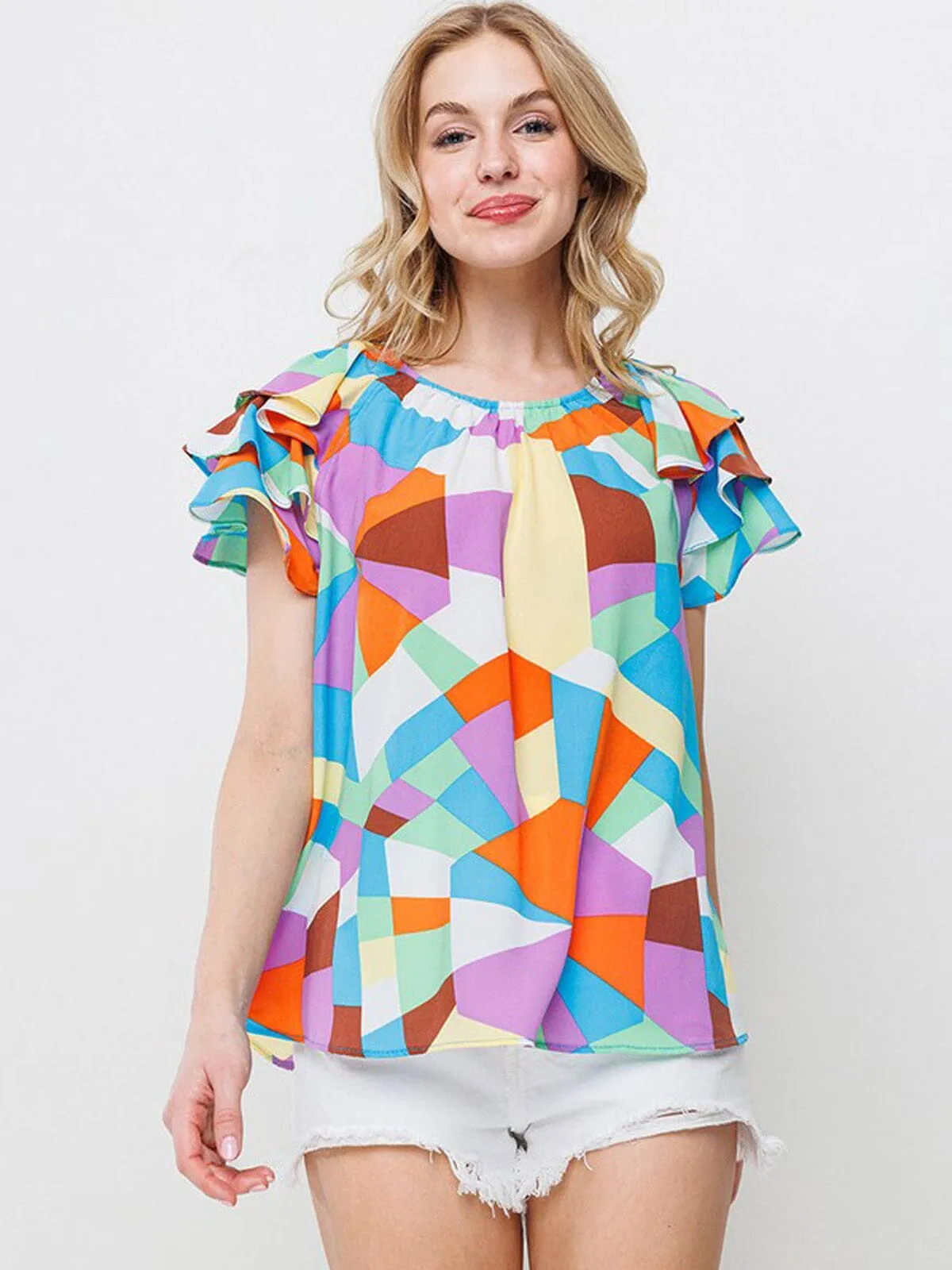 WOMEN'S RUFFLE SLEEVE MULTI COLOR TUNIC BLOUSE TOP