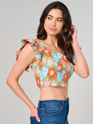 WOMEN'S RUFFLE SLEEVE SQUARE NECK SMOCK FLORAL CROP TOP