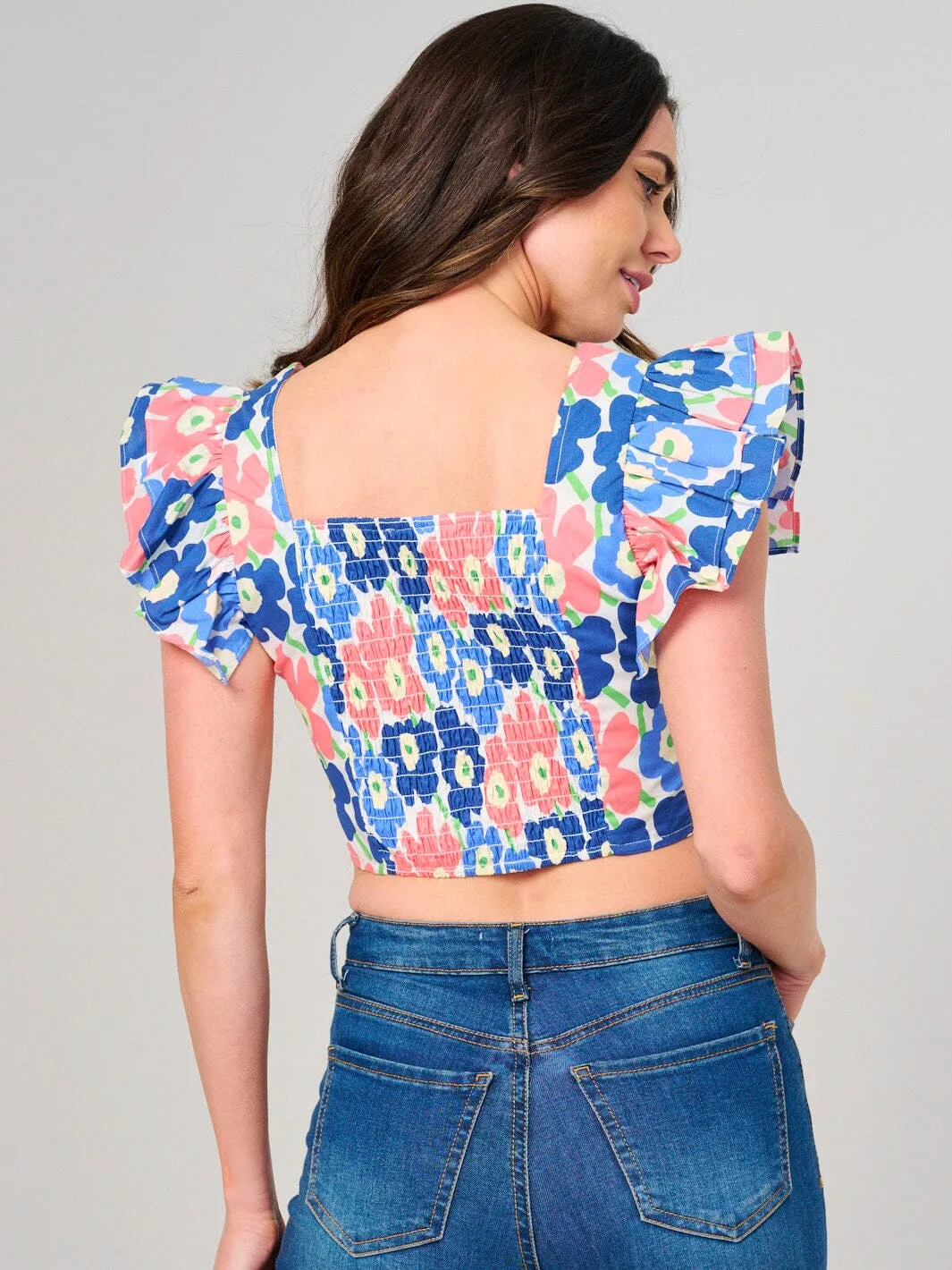 WOMEN'S RUFFLE SLEEVE SQUARE NECK SMOCK FLORAL CROP TOP