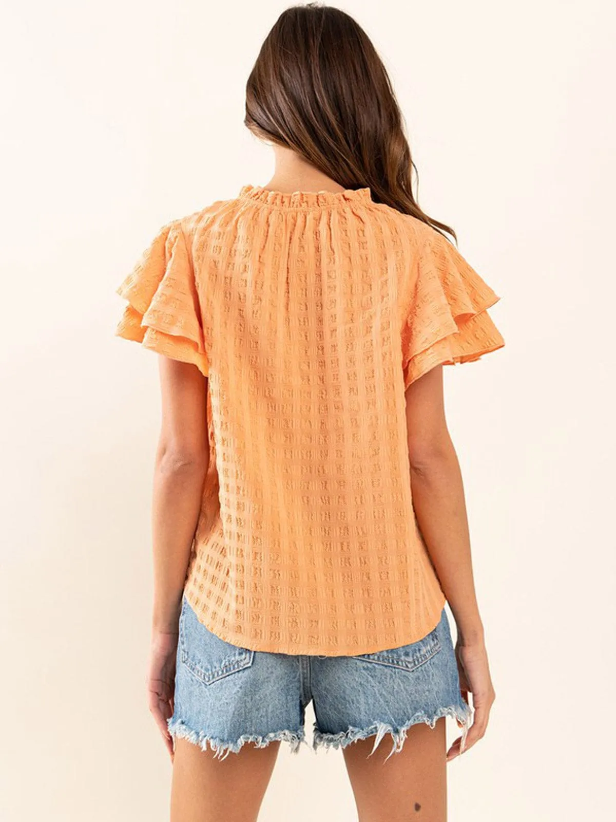 WOMEN'S SHORT RUFFLE SLEEVE MOCK NECK TUNIC BLOUSE TOP