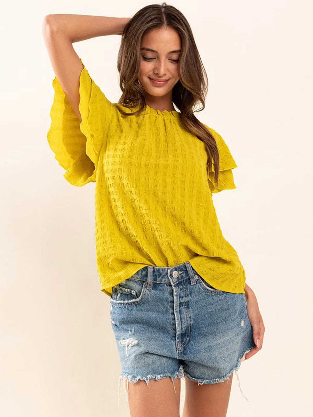 WOMEN'S SHORT RUFFLE SLEEVE MOCK NECK TUNIC BLOUSE TOP