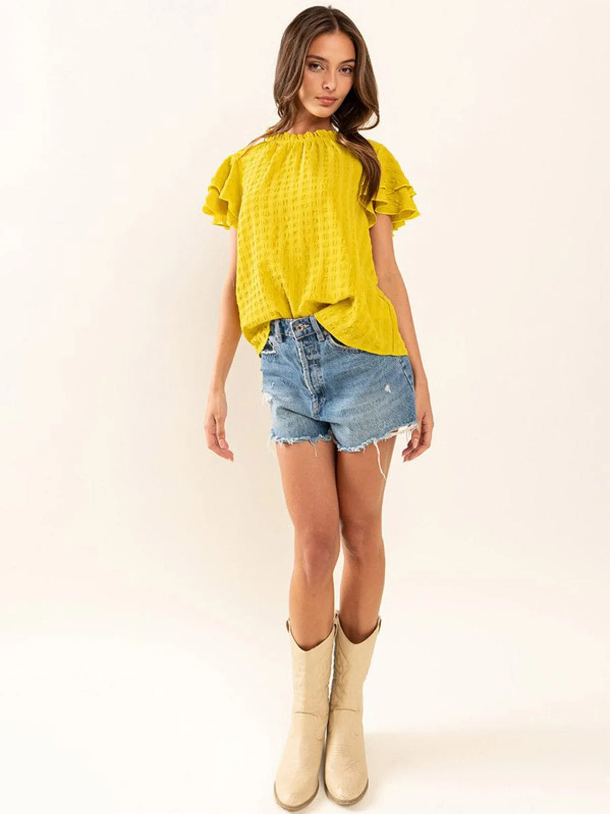 WOMEN'S SHORT RUFFLE SLEEVE MOCK NECK TUNIC BLOUSE TOP