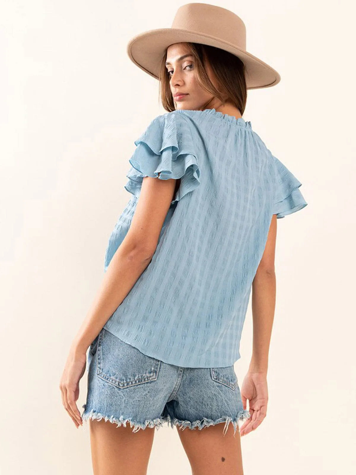 WOMEN'S SHORT RUFFLE SLEEVE MOCK NECK TUNIC BLOUSE TOP