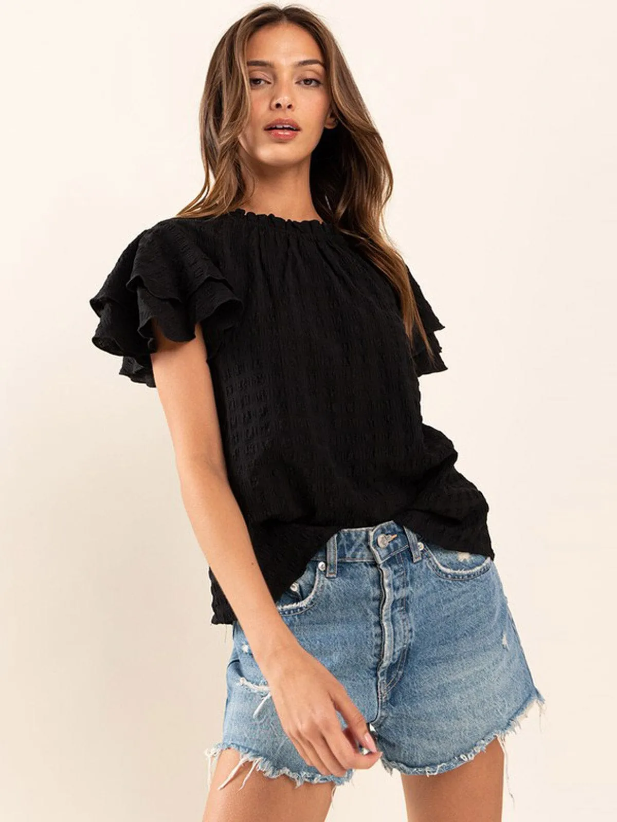 WOMEN'S SHORT RUFFLE SLEEVE MOCK NECK TUNIC BLOUSE TOP