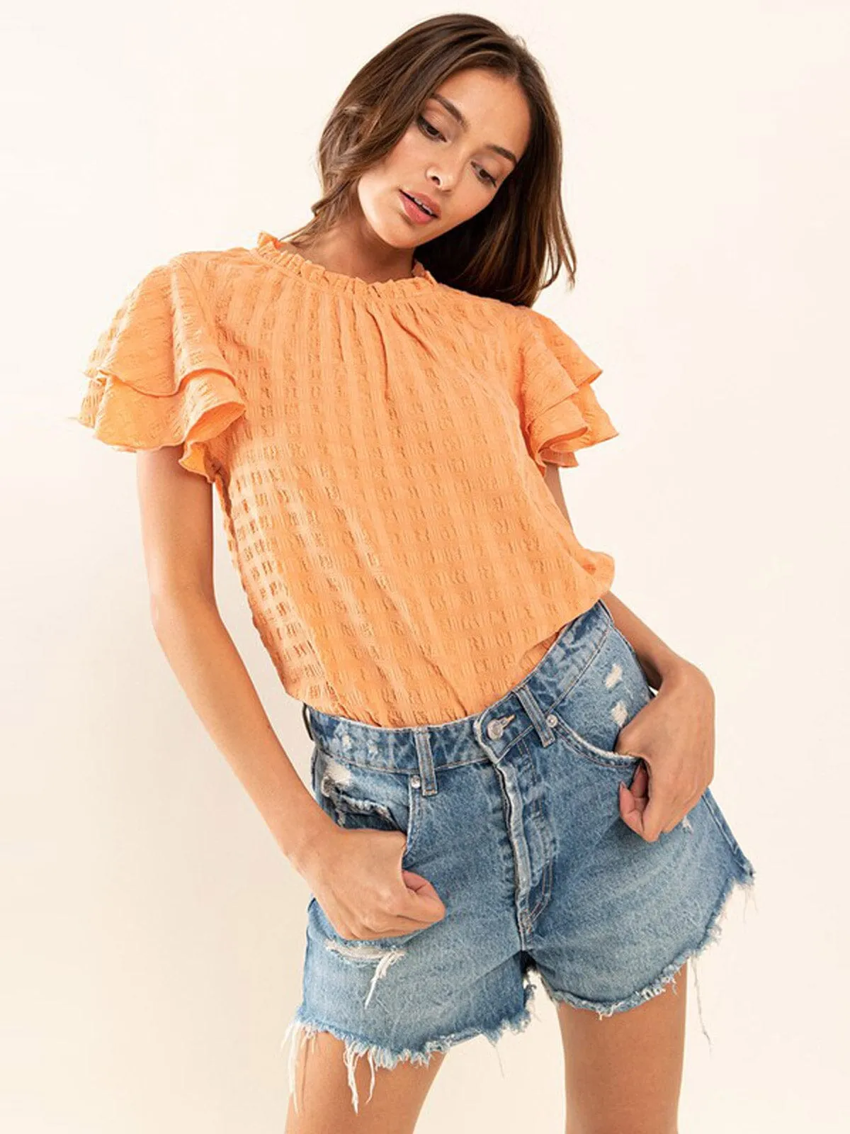 WOMEN'S SHORT RUFFLE SLEEVE MOCK NECK TUNIC BLOUSE TOP