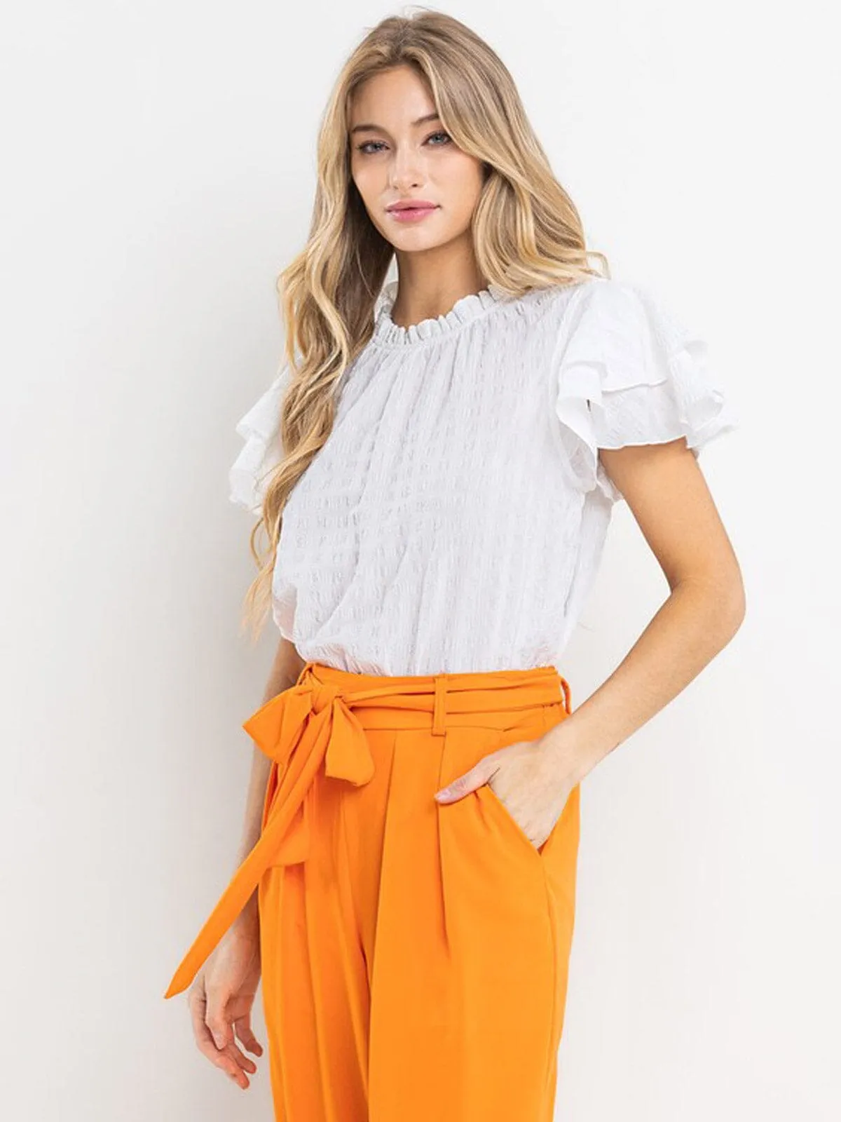 WOMEN'S SHORT RUFFLE SLEEVE MOCK NECK TUNIC BLOUSE TOP