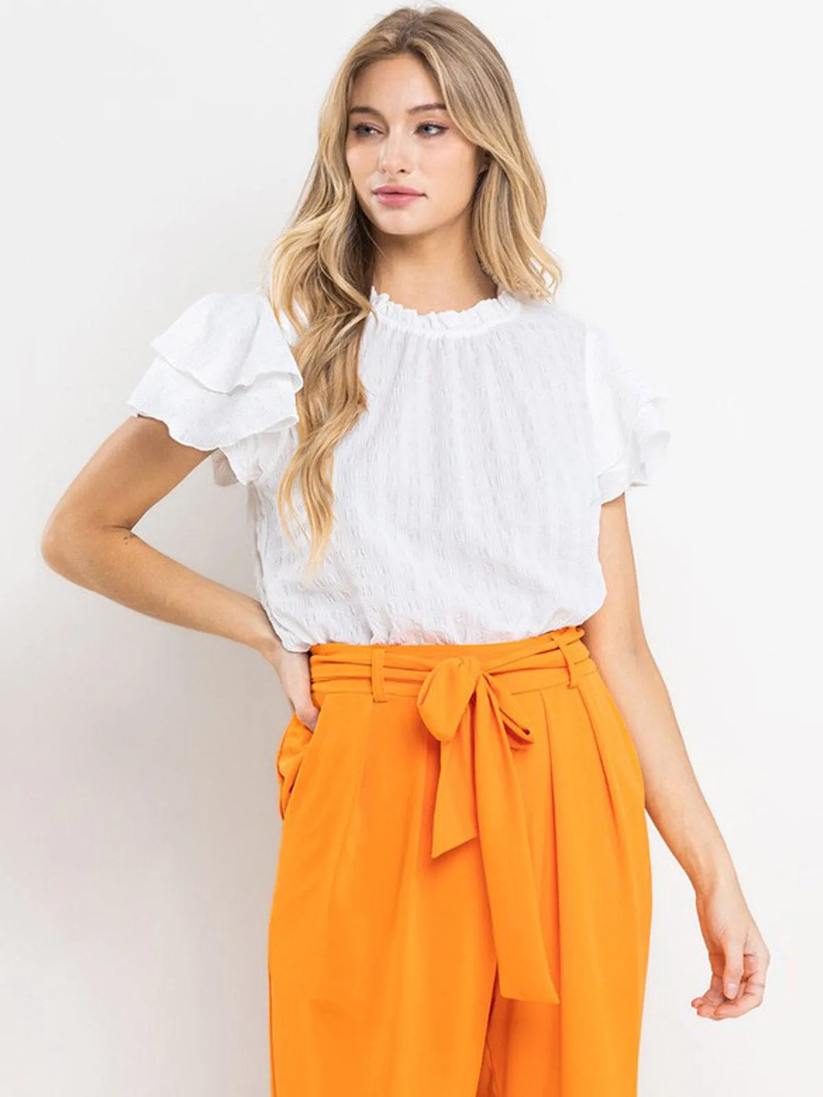 WOMEN'S SHORT RUFFLE SLEEVE MOCK NECK TUNIC BLOUSE TOP