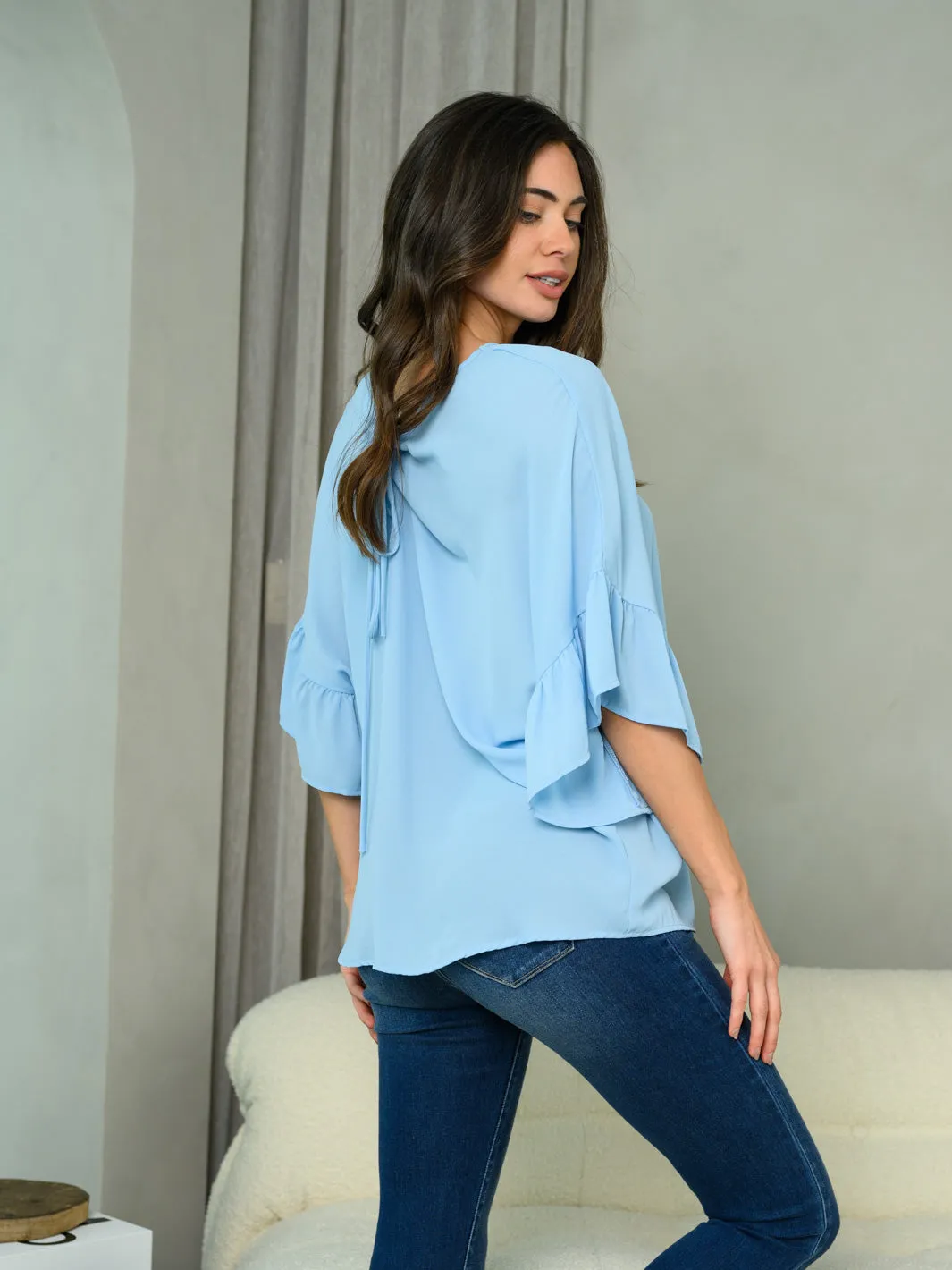 WOMEN'S SHORT RUFFLE SLEEVE TUNIC DETAILED TOP