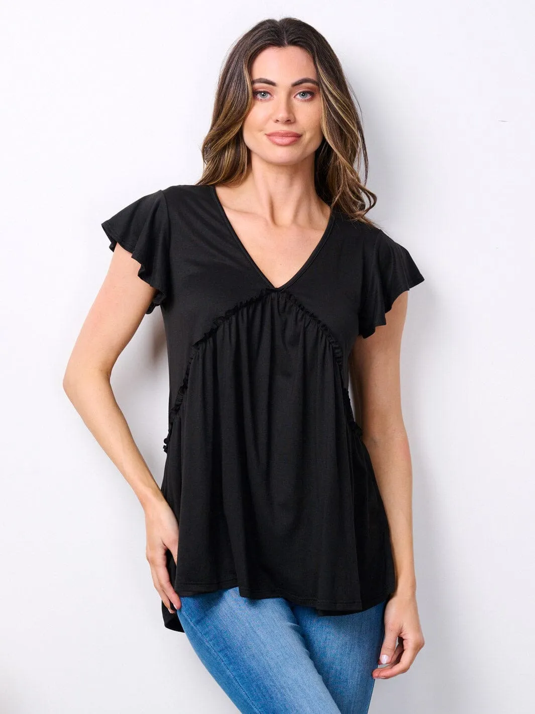 WOMEN'S SHORT RUFFLE SLEEVE V-NECK TUNIC TOP
